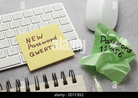 Modification du mot de passe. Notes adhésives avec anciens et nouveaux codes d'accès, clavier d'ordinateur, souris et papeterie sur table grise, gros plan Banque D'Images