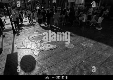 Scène de rue en noir et blanc avec une carpe dorée sur le trottoir dans le quartier branché de Dashilan Hutong près de la rue Qianmen à Pékin Banque D'Images