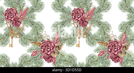 Roses de Bourgogne, branches de sapin, cônes, branches sèches, fleurs séchées, cl et chaînes - modèle sans couture, illustration d'aquarelle. Isolé, adapté pour CH Banque D'Images