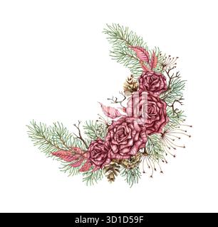 Couronne de roses Bourgogne, branches de sapin, cônes, fleurs séchées, branches sèches. Illustration aquarelle dans le style steampunk pour Noël et nouvel an déco Banque D'Images