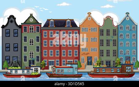 Maisons de canal aux couleurs vives avec péniches, style vectoriel plat, lumière du jour claire, composition symétrique Illustration de Vecteur