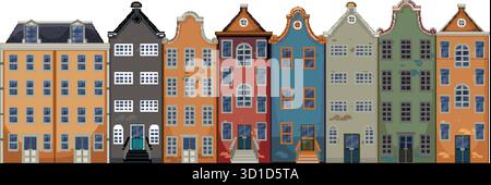 Rangée de vecteur plat de maisons de canal hollandaises traditionnelles avec des façades ornées, des couleurs vibrantes, une composition symétrique Illustration de Vecteur