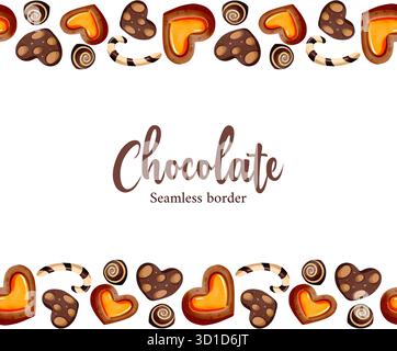 Bordure sans couture avec biscuits en forme de cœur en pain d'épice, bonbons et sucettes. Délicieux bonbons dessinés à la main. Illustration aquarelle du dessert. Wi Banque D'Images