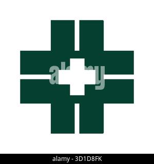 Logo de croix médicale symétrique : Design vert foncé solide avec centre d'espace négatif Illustration de Vecteur
