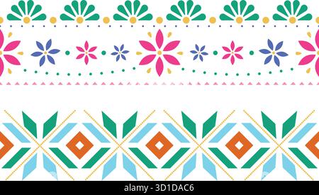 Collection mexicaine Folk Seamless Border Pattern – motifs décoratifs floraux et géométriques Illustration de Vecteur
