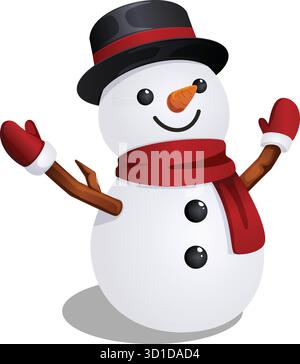 Joli bonhomme de neige 3D Cartoon Character isolé graphique. Mascotte festive avec bras ouverts, chapeau, écharpe et moufles Illustration de Vecteur