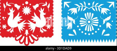 Papel Picado avec des coqs et des motifs de découpe florale. Bannières suspendues décoratives d'art folklorique mexicain traditionnel isolées Illustration de Vecteur