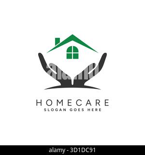 Design de logo Home Care avec icône de main et de toit de maison Illustration de Vecteur