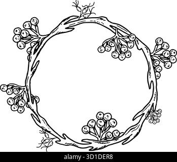 Une couronne tissée à partir de branches et de grappes de hanches de rose et de baies de rowan. Illustration vectorielle d'un cadre botanique. Graphiques noirs dessinés à la main. Ligne Illustration de Vecteur