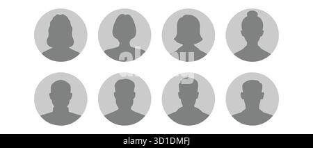 Icônes d'avatar du profil. Silhouettes masculines et féminines en niveaux de gris. Illustration de Vecteur