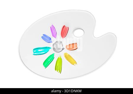 Palette d'artiste avec des traits de peinture acrylique de couleur raibow isolés sur fond blanc Banque D'Images