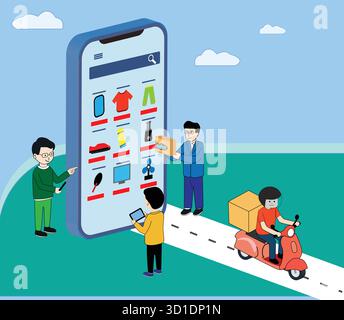 Illustration du concept d'achat en ligne et de livraison rapide montrant les personnes qui sélectionnent des produits sur un grand smartphone et livrent des colis par messagerie Illustration de Vecteur