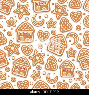 Modèle de réveillon du nouvel an vecteur sans couture sur fond blanc. Pain d'épices du nouvel an sous forme de biscuits de Noël, lune, cœur, étoile, maisons et peu Illustration de Vecteur