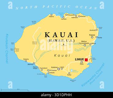 Kauai, l'une des principales îles hawaïennes, États-Unis, carte politique, avec la capitale Lihue. Quatrième plus grande île de l'État d'Hawaï. Banque D'Images