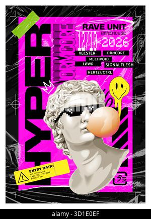 Affiche Acid rave. La statue d'Apollon dans des verres pixel souffle du bubblegum. Fond de texture de sac en plastique. Typographie de style techno. Eléments graphiques utilitaires. Brutalisme, maximalisme et esthétique punk. Illustration de Vecteur