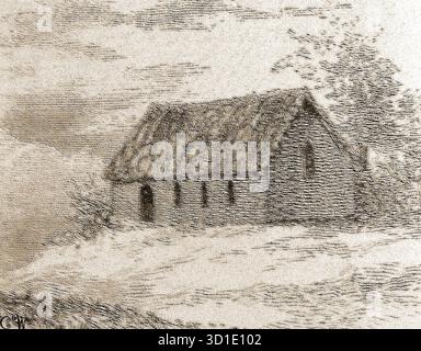Une impression d'artiste de 1897 de la 1ère église en osier construite à Glastonbury.. Vers 1130, Guillaume de Malmesbury la décrit comme « l'ancienne église en bois de broussailles de Glastonbury », se référant à elle comme étant construite par Joseph d'Arimathea. Quand il est en Grande-Bretagne après la crucifixion du Christ, apportant avec lui le Saint Graal. On disait qu'il était construit à partir de Wattle et de daub. Banque D'Images