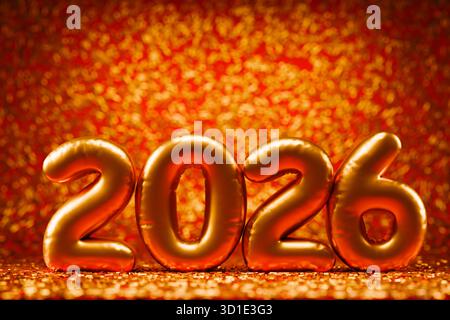 Bonne fête de l'an 2026. Joyeux fond de Noël. ballons de numéro d'or 3d en studio avec des confettis sur fond rouge. Banque D'Images