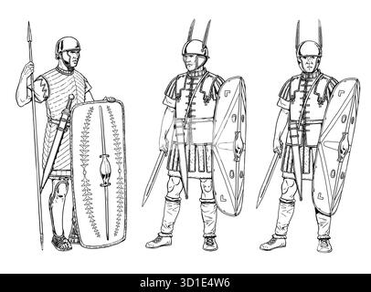 Les premiers légionnaires romains avant la bataille. Dessin historique. Banque D'Images