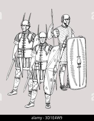 Les premiers légionnaires romains avant la bataille. Dessin historique. Banque D'Images
