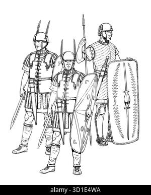 Les premiers légionnaires romains avant la bataille. Dessin historique. Banque D'Images