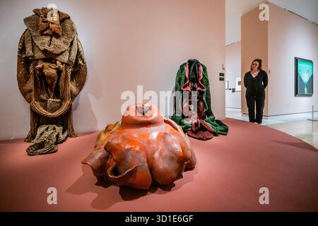 Londres, Royaume-Uni. 28 octobre 2025. Ritu Raja, 1977 ans, avec d'autres œuvres - Une histoire de l'art sud-asiatique : Mrinalini Mukherjee et son cercle à la Royal Academy of Arts. Une nouvelle exposition collective qui raconte l’histoire de l’artiste indienne pionnière Mrinalini Mukherjee avec son travail présenté aux côtés de celui de certains de ses principaux mentors, amis et membres de sa famille. Il présente environ 100 œuvres, des sculptures tissées monumentales aux peintures complexes, céramiques, collages et dessins. Il se déroule dans l'aile Sackler du 31 octobre 2025 au 24 février 2026. Crédit : Guy Bell/Alamy Live News Banque D'Images