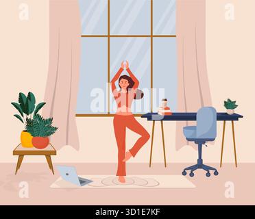 Femme pratiquant l'arbre de yoga pose à la maison avec cours en ligne Illustration de Vecteur
