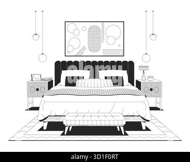 Chambre éclectique avec art décoratif et illustration de contour de textiles confortables Illustration de Vecteur