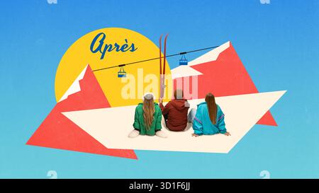 Groupe assis avec des skis et téléphérique sous le soleil dans le style d'illustration de montagne après ski Banque D'Images