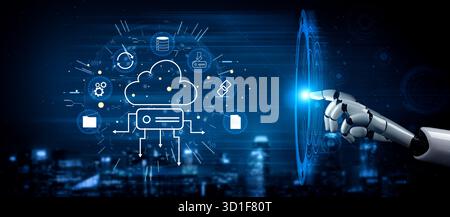 Un écosystème de stockage cloud et de synchronisation des données géré par l'IA. Un concept de cloud computing intelligent pour le stockage, la sauvegarde et le partage de fichiers. Motif Banque D'Images