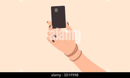 Une main avec un vernis à ongles noir tient une carte noire verticalement, avec une puce d'argent, indiquant une carte de crédit ou de débit. Illustration de Vecteur
