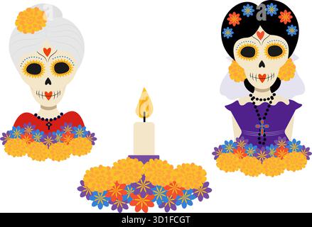 Crânes de femmes âgées et plus jeunes et bougie brûlante le jour de l'autel de Marigold de la conception de Dead Flat. Illustration vectorielle isolée jour des morts contenu lié cartes de voeux thématiques Sticker Set d'icônes Illustration de Vecteur