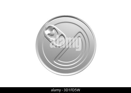 Dessus de boîte en aluminium affichant une languette métallique isolée sur fond blanc. Emballages alimentaires, recyclage et contenants de boissons. Banque D'Images