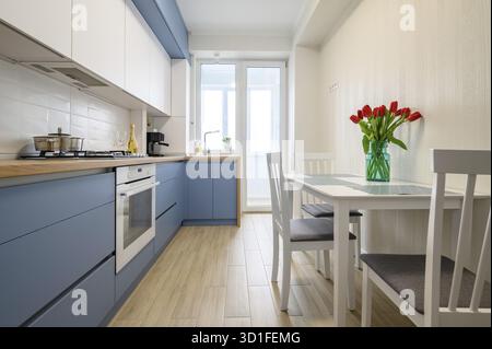 Détails de la cuisine moderne et confortable bleu sarcelle et blanc intérieur Banque D'Images