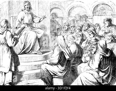 Jésus prêchant dans la synagogue de Nazareth, Evangile de Luc, chapitre 4, proclamant l'Evangile, pauvre, aveugle, défilement, auditeur, saint de Dieu, Nouveau Testame Banque D'Images