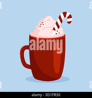 Chocolat chaud ou café avec crème fouettée et canne de bonbons rayée de noël. Illustration vectorielle dans le style de dessin animé plat isolé sur fond bleu. Illustration de Vecteur