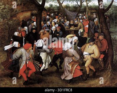 BRUEGHEL, Pieter le jeune (né en 1564, Bruxelles, décédé en 1638, Anvers) Peasant Wedding Dance 1607 huile sur panneau Mus?es Royaux des Beaux-Arts, Bruxelles le fils a produit une variation sur un thème de son père, et une comparaison des deux œuvres met en lumière la vision particulière du Bruegel plus âgé. Le travail du père révèle une foule agitée de personnes, de vitalité, de violence potentielle, avec des figures qui semblent éclater hors du cadre. Celui du fils affiche des visages idéalisés et des regroupements clairs, tandis que les festivités plutôt inoffensives sont tenues en échec par l'absence de personnages dans l'ARE Banque D'Images