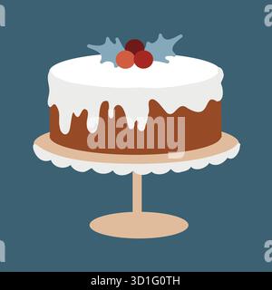Pudding de Noël aux baies de houx. Un plat traditionnel des fêtes. Illustration plate vectorielle d'un gâteau de Noël isolé sur un fond sombre Illustration de Vecteur