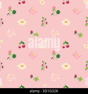 Joli motif sans couture avec cerises rouges, fraises, marguerites blanches et petites fleurs colorées sur un fond rose pastel doux. Parfait pour te Banque D'Images