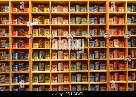Sardines Comur et autres produits de poisson en conserve, souvenirs populaires du Portugal, magasin phare, à la ferme, Algarve, Portugal Banque D'Images