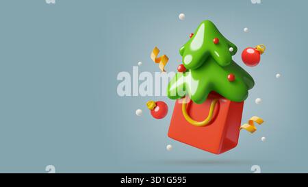 Fond de shopping de vacances d'hiver avec un arbre de Noël 3d dans un sac cadeau rouge Illustration de Vecteur