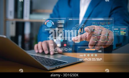 Homme d'affaires utilisant un ordinateur portable avec une interface ai virtuelle et un tableau de bord analytique. Concept d’intelligence artificielle, science des données, innovation, tran numérique Banque D'Images
