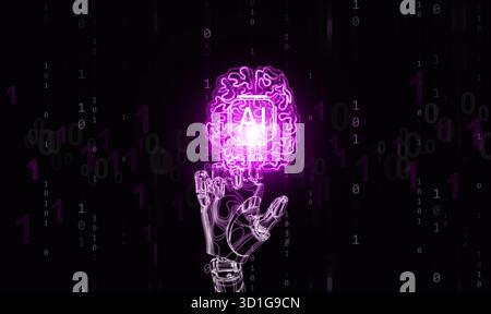 Main de robot numérique se connectant avec un cerveau IA lumineux composé de données binaires, symbolisant l’apprentissage automatique, l’innovation, l’intelligence et les neurones futuristes Banque D'Images