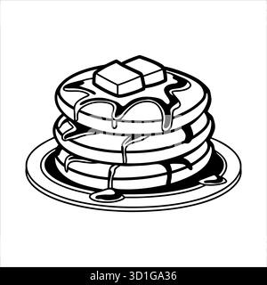 Dessin animé pile de crêpes avec beurre et sirop – dessin au trait noir et blanc Illustration de Vecteur