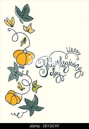 Motif vacances de Thanksgiving. Lettrage à la main dans une tendance de couleur avec une guirlande de citrouilles et de feuilles de citrouille. Modèle de carte de voeux, logo, emblème Illustration de Vecteur