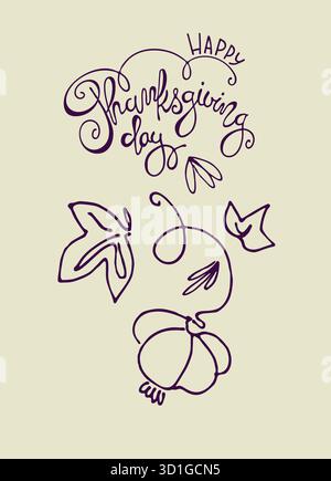 Motif vacances de Thanksgiving. Lettrage à la main dans une tendance de couleur avec une guirlande de citrouilles et de feuilles de citrouille. Modèle de carte de voeux, logo, emblème Illustration de Vecteur