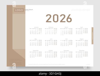 Calendrier minimaliste pour 2026 en blanc et beige sur fond gris. Illustration de Vecteur