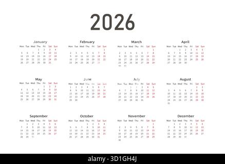 Calendrier minimaliste pour 2026 sur fond blanc. Illustration de Vecteur