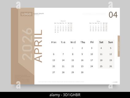 Le calendrier pour avril 2026 est blanc et beige. La mise en page du calendrier pour avril 2026 avec la date du début de la semaine le lundi. Illustration de Vecteur