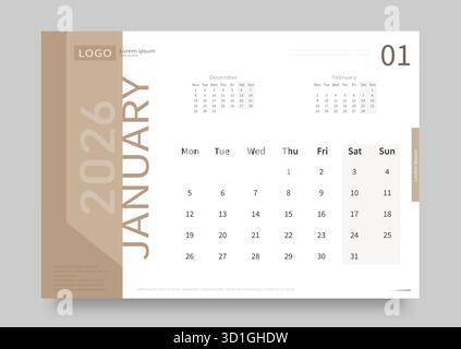 Le calendrier de janvier 2026 est blanc et beige. Illustration de Vecteur