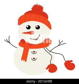 Vecteur clipart de bonhomme de neige plat dans un chapeau rouge, une écharpe et des mitaines. Idéal pour les cartes de vacances, les autocollants, le web et les emballages festifs. EPS modifiable. Illustration de Vecteur